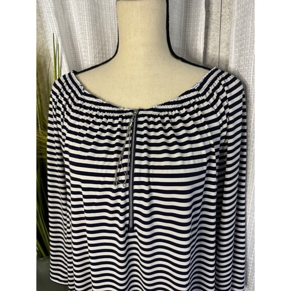 Chicos Women’s 1 US M Striped Pleated Neck Zip w/Metal Tassel Long Sleeve Tunic - Picture 2 of 8